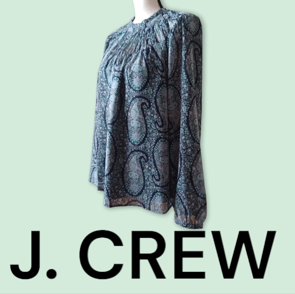 J. CREW XL Paisley Floral Print Top Green Turquoise 100% Polyester